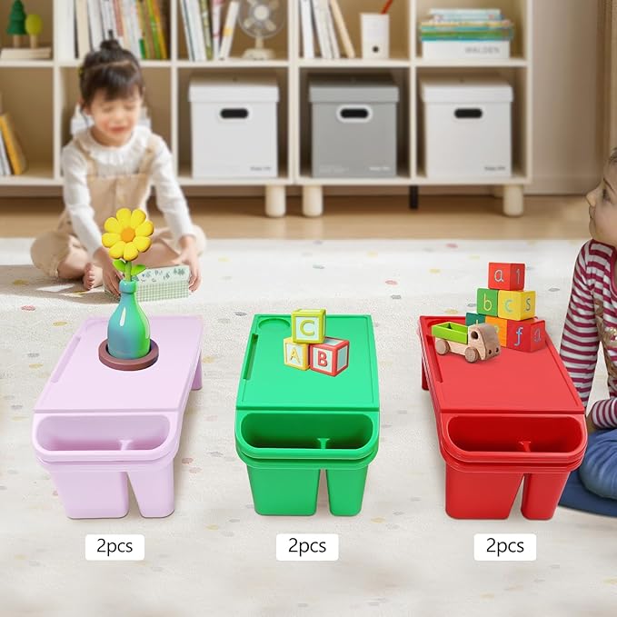 6 Pcs Kids Lap Desk Tray, Plastic Breakfast Lap Desk Trays with Storage Slots, Portable Stackable Lap Tray Tables for Writing Drawing Classroom, 19.69" L x 9.84" W x 7.1" H (Red+Green+Purple)