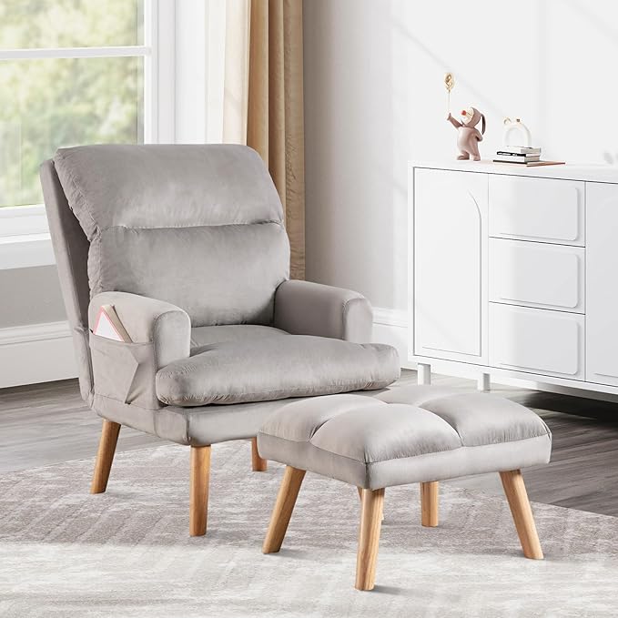 IOMOR Accent Chair with Ottoman, Velvet Fabric Chair Armchair with Adjustable Backrest and Side Pockets, Mid Century Arm Chair with Ottoman for Living Room, Bedroom, Teen Room, Light Grey