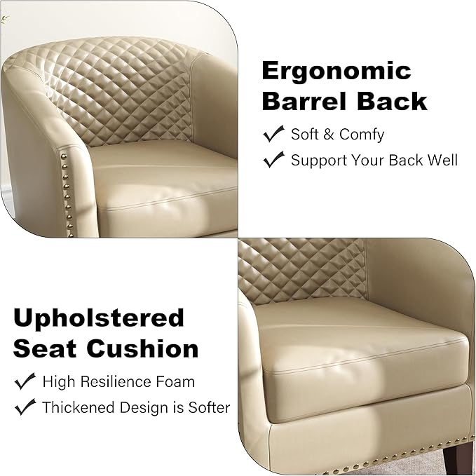 DREAMSIDEA Accent Barrel Chair, Upholstered Faux Leather Club Chair with Nailed Trim, Comfy Reading Armchair for Living Room Bedroom Reception Room Office (Beige, Set of 2)