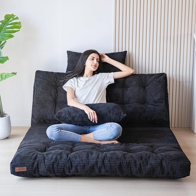 MAXYOYO Bean Bag Bed Tufted Folding Sofa Bed with Pillows Floor Mattress for Adults, Extra Thick and Long Floor Sofa, Twin Couch for Bedroom Living Room, Black, 39x91 Inch