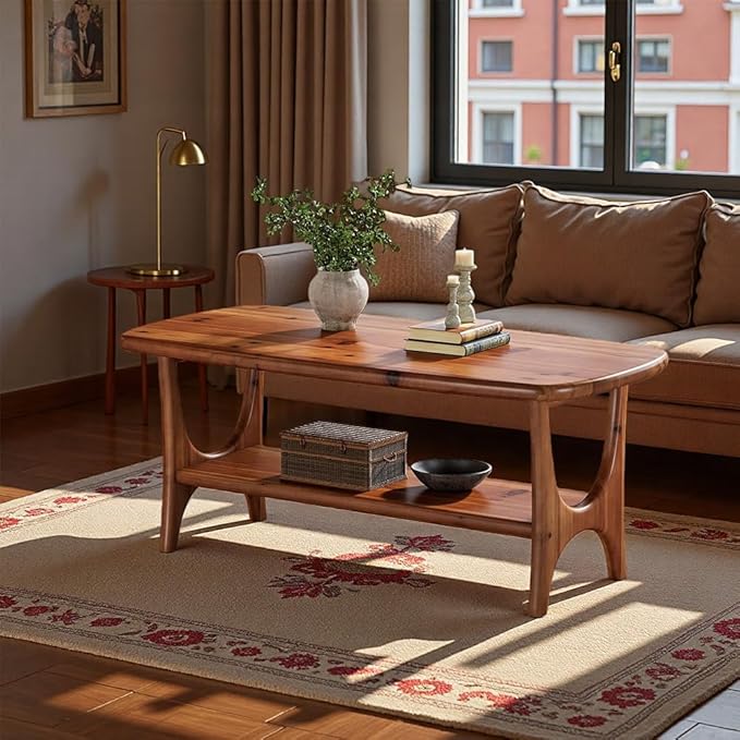 Solid Wood Coffee Table, 47.24” Mid-Century Modern Rectangle Living Room Table, 2-Tier Center Table for Living Room