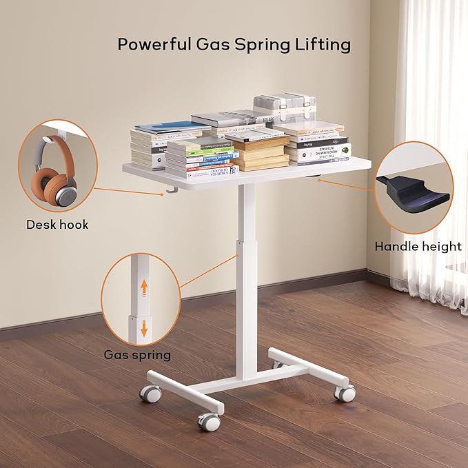 NICECOZY Mobile Standing Desk, Small Standing Rolling Desk, Portable Laptop Desk with Lockable Wheels, Computer Workstations, Adjustable Height, White