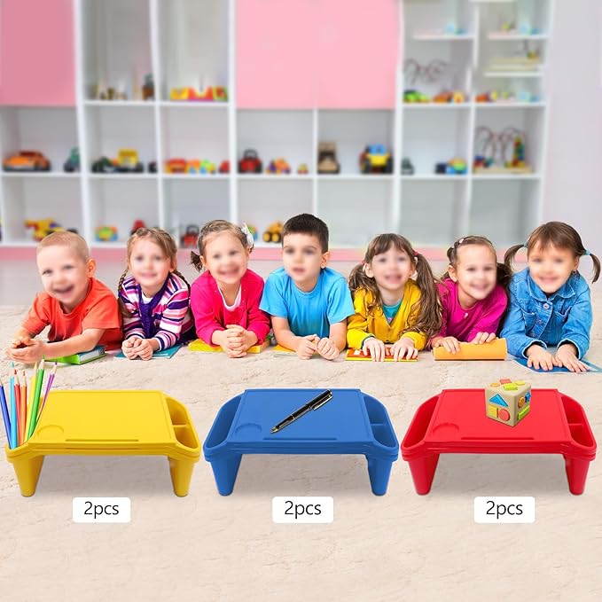 6 Pack Kids Lap Desk Tray with Storage Slots, Portable Lap Desk, Activity Tray, Drawing, Stackable, Writing, Eating, Classroom, 19.69" L x 9.84" W x 7.1" H (Red+Blue+Yellow)