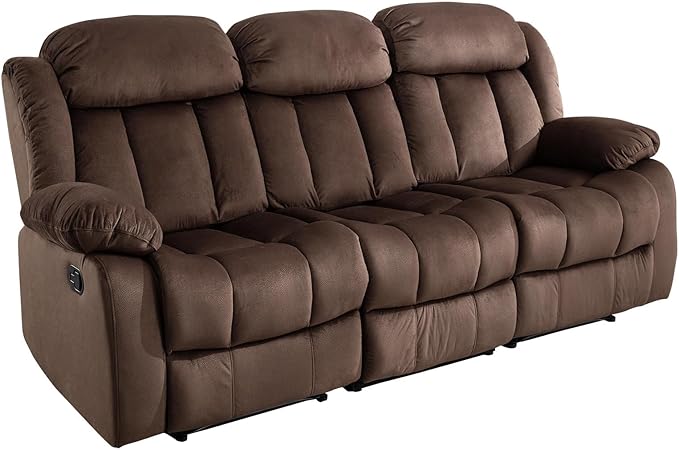 EBELLO Manual Recliner Chair, Classic 3 Seat Reclining Sofa with Overstuffed Arms and Backrest for Living Room, Bedroom, Sofa, Brown