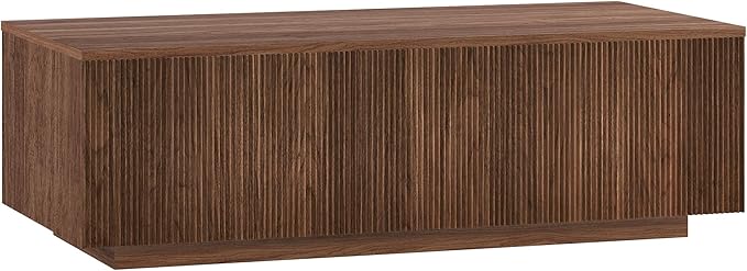 Henn&Hart 48" Fluted Rectangular Low-Profile Coffee Table for Living Room, Family Room, or Office, Satin Walnut