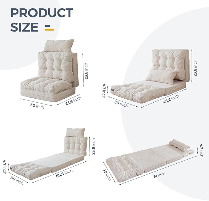 MAXYOYO Bean Bag Bed Tufted Folding Sofa Bed with Pillows, Extra Thick and Long Floor Mattress for Adults, Single Couch Bed for Bedroom Living Room, Beige, 30x91 Inch