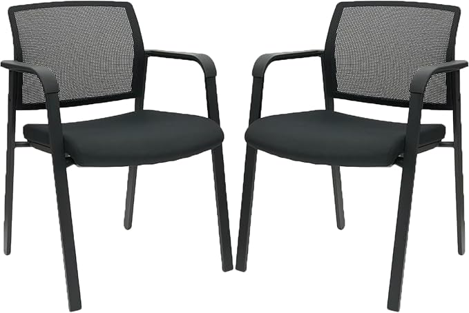CLATINA Guest Reception Stacking No Wheels Desk Chair, Mesh Back Waiting Room Chairs with Arm Upholstered Fabric Seat and Ergonomic Lumbar Support for Office Conference School Church, Black (2 Pack)