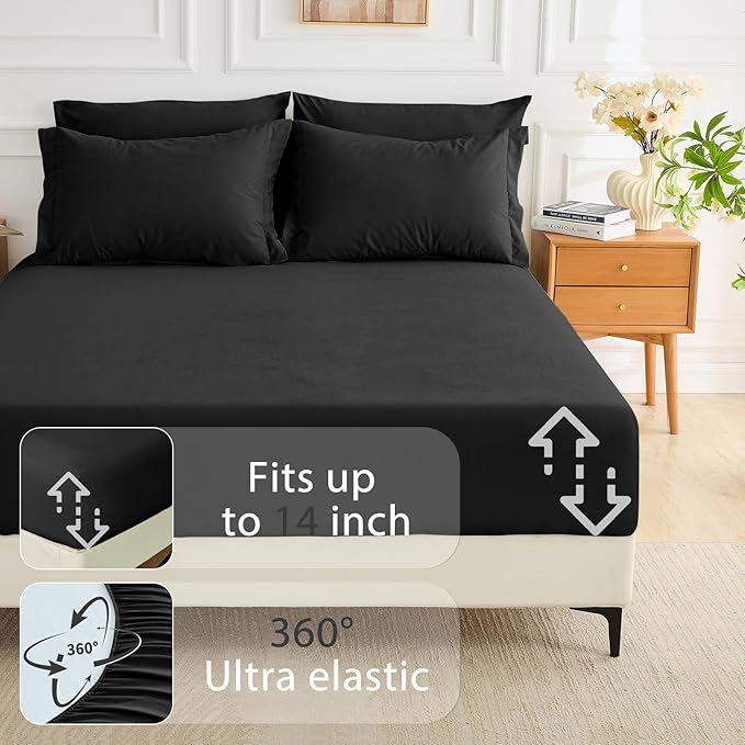 MUXHOMO 7 Pieces Queen Comforter Set, Soft Bed in a Bag Queen Size, All Season Bedding Set with Comforter, Flat Sheet, Fitted Sheet, Pillowcases & Shams, Black