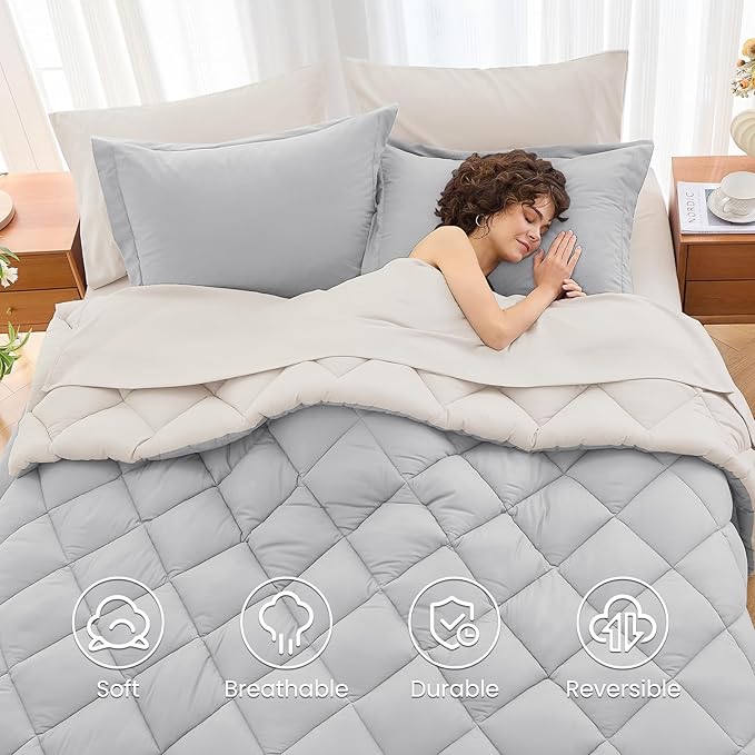MUXHOMO 7 Pieces Queen Comforter Set, Reversible Bed in a Bag Queen Size, All Season Bedding Set with Comforter, Flat Sheet, Fitted Sheet, Pillowcases & Shams, Light Grey & Beige