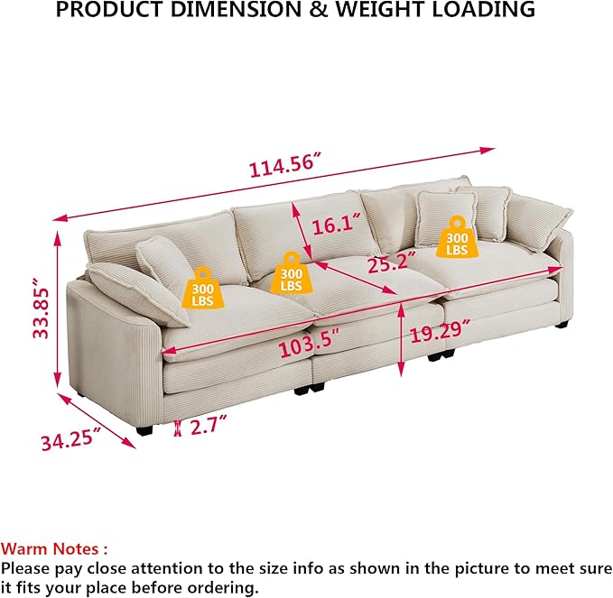 Aoowow Corduroy 3 Seater Sofa Couch,Modern Large Cloud Couches for Living Room,Modular Sectional Cloud Sofas with Deep Seat,Oversized Tufted 3 Seat Sofa Set. (Beige, 3 Seater)