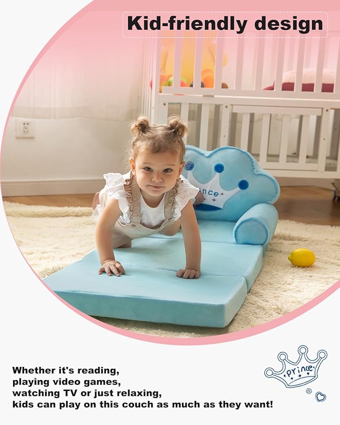 MOONBEEKI Kids Couch Fold Out, Foldable Princess Chair for Toddlers 1-3, Kids Furniture for Playroom, Gift for Birthday Christmas and Halloween, Blue