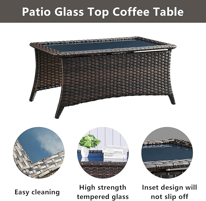 Belord Wicker Outdoor Furniture Patio Furniture Set - 6 Piece Patio Conversation Set with Swivel Rocker Chairs, Rattan Sofa, Ottomans and Coffee Table, Blue Cushion