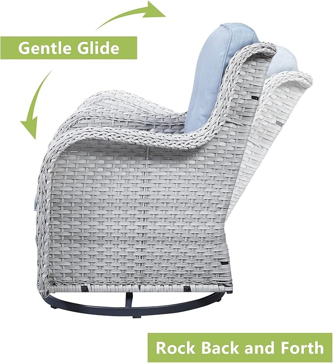 Rilyson Wicker Rocking Chair Swivel Chairs - 2 Piece Rocker Patio Chairs Set Rattan Rocking Chair for Outdoor Porch Deck Garden Backyard(Light Grey/Sky Blue)