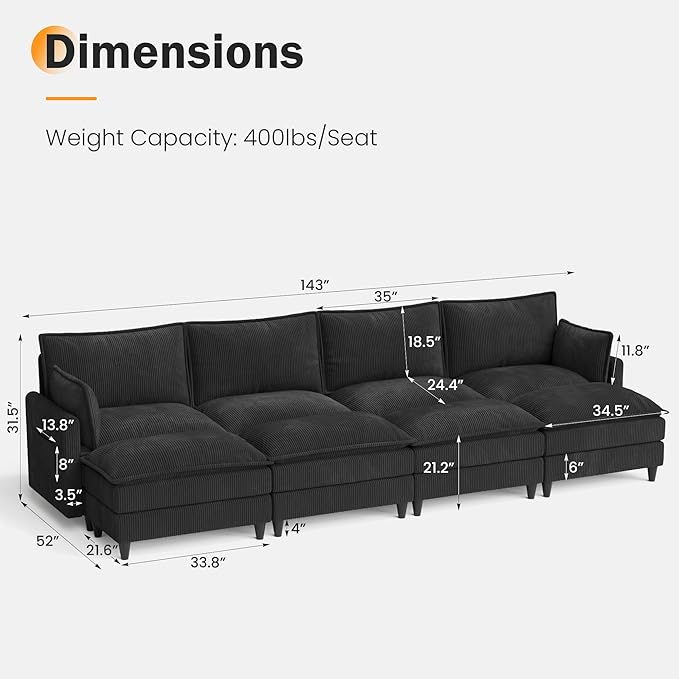 Apicizon 143" Cloud Sofa Sectional, Modern Corduroy Cloud Sofa Set with Side Storage Pocket, Comfy Convertible Sleeper Couch with Chaise for Living Room, Apartment, Office, Black