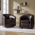 HULALA HOME Faux Leather Swivel Accent Chairs Set of 2 with Solid Wood Base, Round Swivel Barrel Chairs for Living Room and Bedroom, Brown