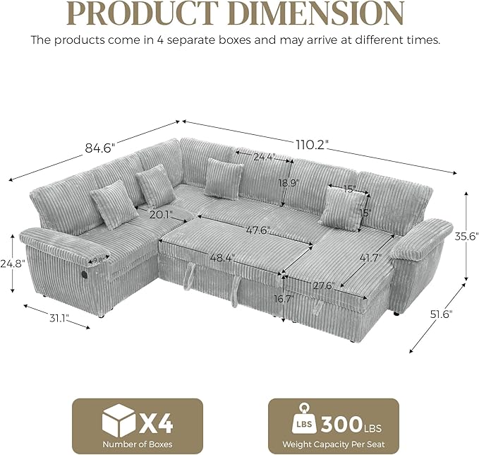 Modular Sectional Sleeper Sofa with Pull Out Bed, Storage Chaise & USB Charging, U Shaped Plush Corduroy Sectional Couches for Living Room, Comfy Convertible 7 Seat Cloud Sofa Bed, Light Grey