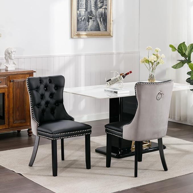 YeahFurn Modern Dining Chairs Set of 6, Tufted Upholstered Dining Room Chairs with Nailhead, PU Leather Front & Velvet Back, Solid Wood Legs, Kitchen Chairs, Sillas de Comedor (Black & Gray)