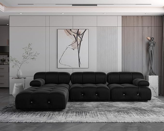 JACH L-Shaped Modular Sectional Couch, Modern Deep 3-Seat Couches with Chaise Ottoman, 104'' Minimalist Teddy Velvet Sectional Sofas, Convertible Sleeper Sofa for Living Room Apartment (Black)