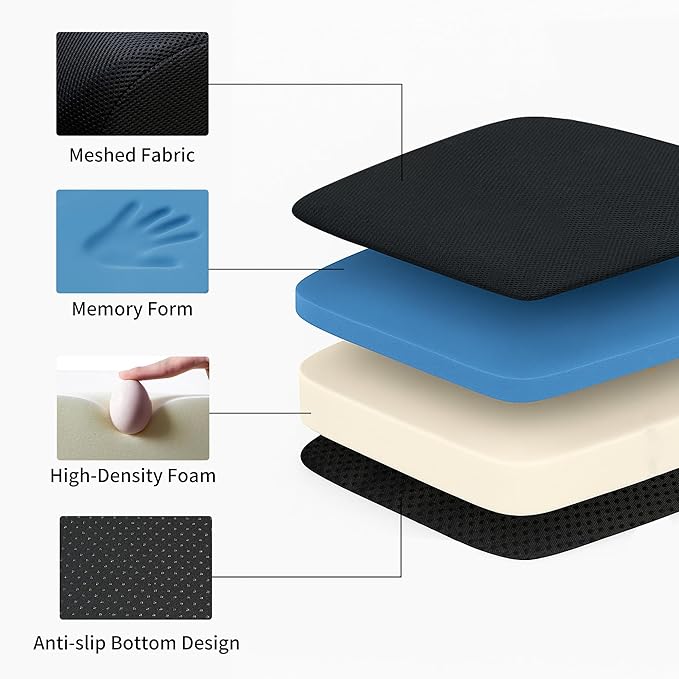 Acxseo 6" Extra Thick Memory Foam Office Chair Cushion – 2-Layer Booster Seat for Back & Tailbone Pain Relief, 18 x 16 x 6in Non-Slip Cushion with Carry Handle for Wheelchair, Car, and Airplane