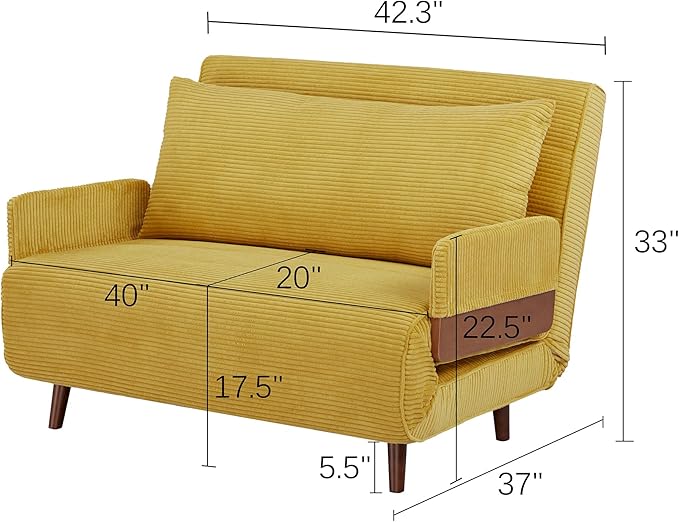 CITTANEO 42" Convertible Sleeper Chair, 3-in-1 Chair Bed Sleeper for Adults with Adjustable Backrest, Pillow & Wooden Arms, Loveseat Sofa Bed for Apartment, Office, Mustard Yellow