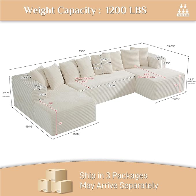 Modular Sectional Sofa, 130" U Shaped Cloud Couch Plush Corduroy Comfy Deep Seat Boneless Sofas with 8 Pillows Double Chaise Lounge Sectional Couches with Memory Foam for Living Room - Beige White