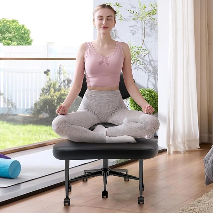 Pinmoco Cross Legged Office Chair with Wheels, Meditation Chair, ADHD Chair for Adults, Wider Height Adjustable Backrest and Seat, Yoga Office Chair, PU Leather, Black
