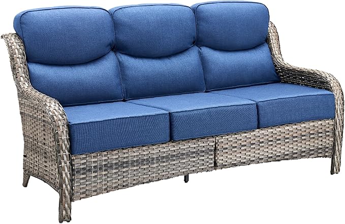 Pugire 71'' Patio Couch Outdoor Wicker Sofa, Heavy Duty All-Weather Rattan 3-Seater Sofa with Deep Seating and Removable Cover, Outdoor Patio Furniture for Deck Porch Sunroom Backyard Grey/Blue