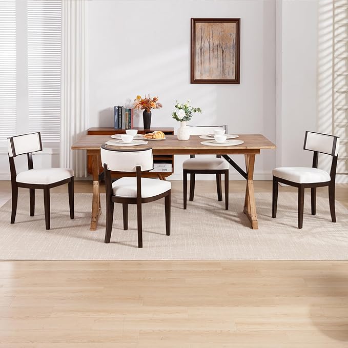 DM Furniture Farmhouse Dining Chairs Set of 6 Upholstered Linen Fabric Dining Room Chairs Mid Century Modern Kitchen Chairs Solid Wood Dinner Chair with Curved Wing Back for Dining/Living Room