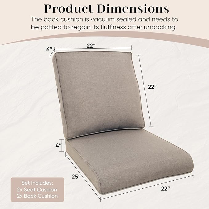 Outdoor Chair Cushions- 22 X 25 Inch High Density Sponge Patio Cushions Deep Seat Patio Furniture Cushions for Chair Sofa Couch-Grey/4 Piece