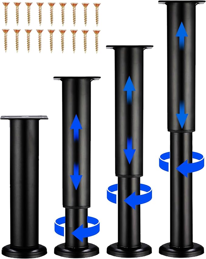 Olldag 4 PCS Adjustable Height Bed Support Legs [with 18PCS Screws] for Bed Frame/Bed Center Slat, Heavy Duty Furniture Replacement Legs 7.08-12.2 inch for Sofa/Cabinet/Couch/Dresser/Table (Black)