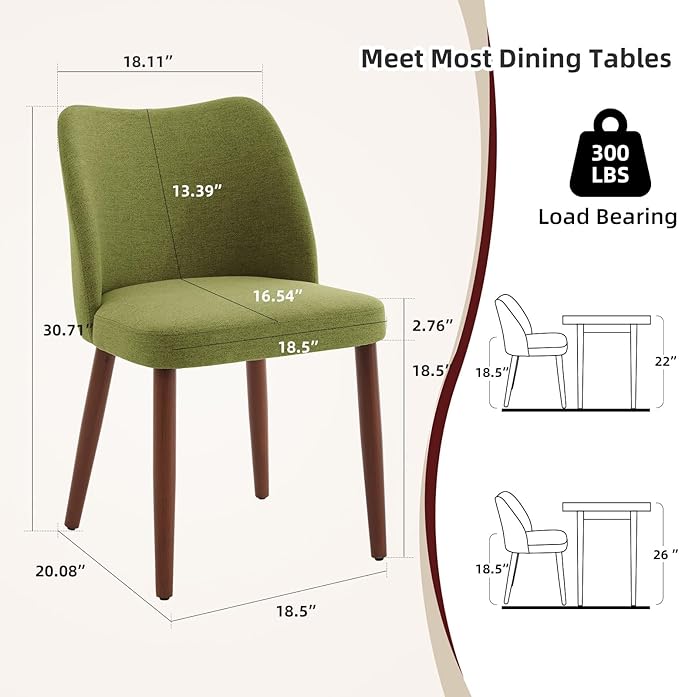 ElfinAura Dining Chair Set of 2, Linen Upholstered Dining Chair with Wood Legs, Wing Backrest, Wooden Kitchen Chair, Kitchen Chairs with Thick Cushions for Dining Room, Living Room, Green