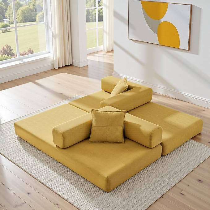 78" Convertible Sleeper Sofa Bed, Corduroy Folding Sofa Bed with Fixed-Shape Frame, Fold Out Floor Mattress Couch, Lazy Compression Sofas for Living Room, Bedroom, No Assembly Required, Yellow