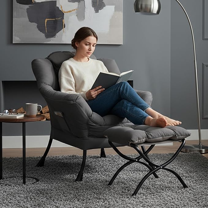 Tiita Lazy Chair, Modern Large Accent Lounge Armchair, Comfy Leisure Sofa Reading Chair for Bedroom, Living Room, Dorm Rooms, Garden and Courtyard, Dark Grey