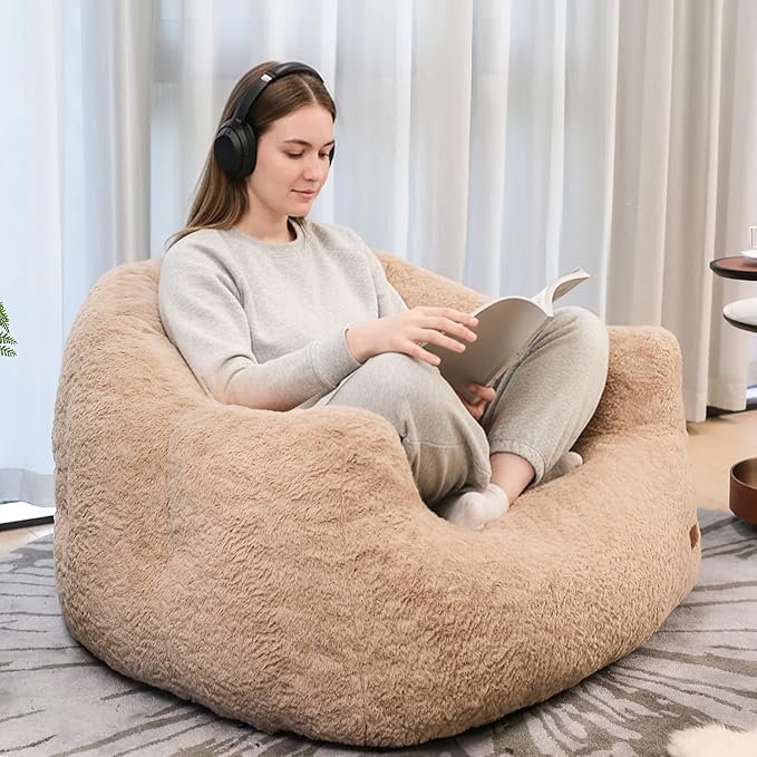 Big Bean Bag Chairs for Adults Giant Sofa with Faux Fur Shell-Shaped Beanbag Couch, Stuffed Large Bean Bag Floor Chair for Living Room, Beanbags Reading Chair for Bedroom Single Sofa(XL-Khaki)