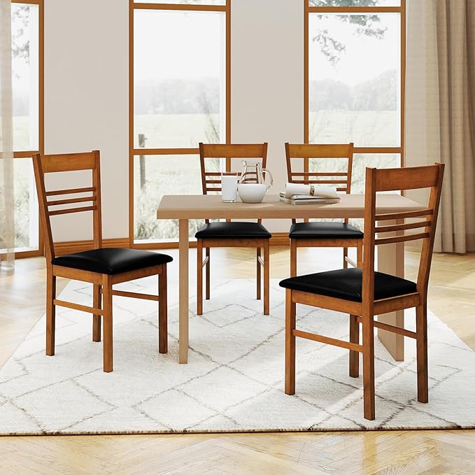 Giantex Wooden Dining Chairs Set of 4, Armless Kitchen Chairs w/Slat Backrest, Upholstered PU Seat, Rubber Wood Frame, Modern Dinette Furniture Set for Dining Room, Living Room