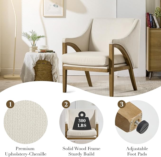 CIMOTA Mid Century Modern Accent Chair with Barrel Back, Upholstered Armchair Comfy Reading Chair with 4" Thick Cushion, Solid Wood Legs for Living Room/Bedroom/Reading Corner, Linen Fabric, Beige