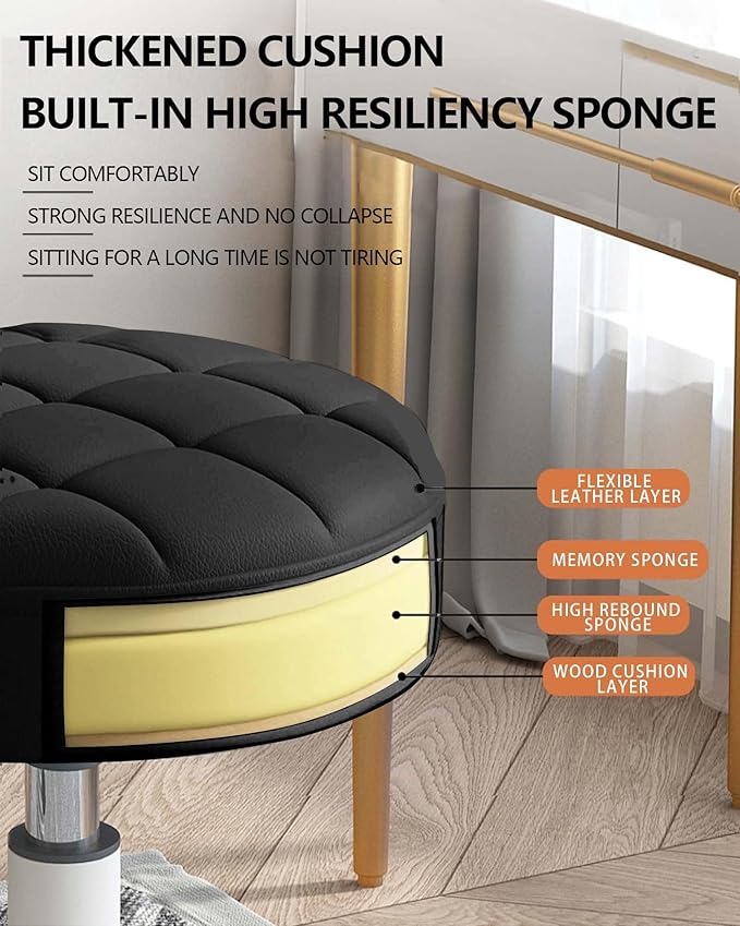 HDHNBA Small Chair Round Rolling Stool with Wheels PU Leather Height Adjustable Swivel Drafting Work SPA Salon Stools Home Office Chair