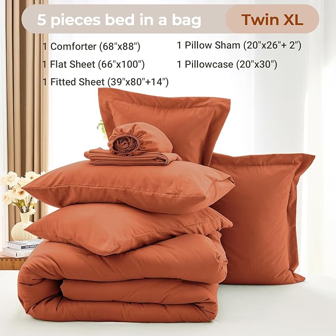 MUXHOMO 5 Pieces Twin XL Comforter Set, Soft Bed in a Bag Twin XL Size, All Season Bedding Set with Comforter, Flat Sheet, Fitted Sheet, Pillowcases & Shams, Burnt Orange