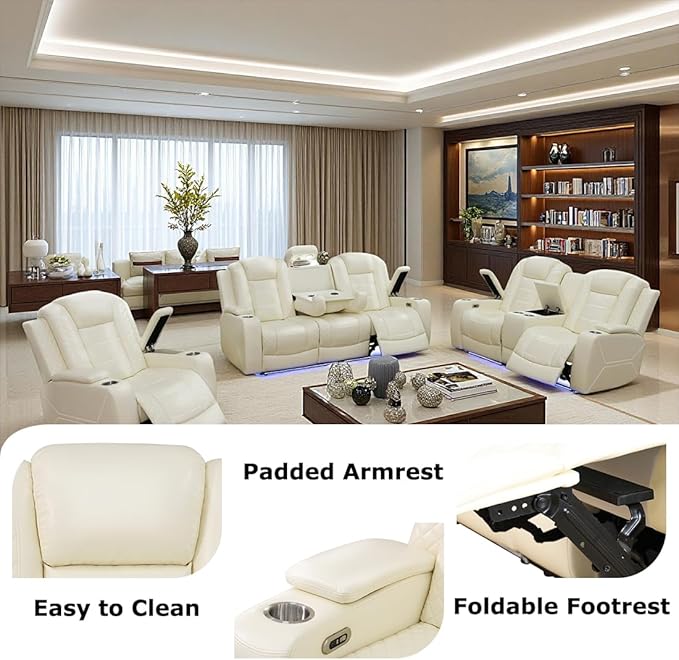 Toseslo Leather Reclining Sofa Set, Power Recliner Sofa Sectional Couches with Drop-Down Table, Living Room Furniture, Reclining Sofa with Cup Holders/Storage Console for House(Creamy White)