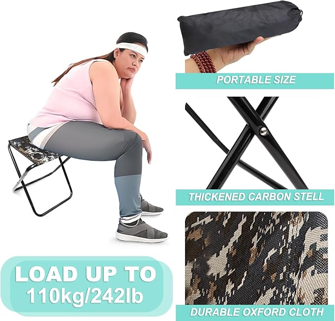 CHENEDY Camping Stool,2-Pack Portable Folding Stool with Carry Bag, 12in Portable Folding Chair Collapsible Camp Stool Outdoor Footstool for Travel Walking Hiking Fishing Picnic (DZICamo(2-Pack))