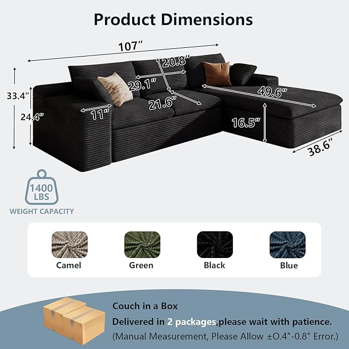107" Cloud Sectional Couch with L-Shape Chaise, Modern Corduroy Viral Boneless Sofa for Living Room,Memory Foam Couches in a Box with Deep Seat,No Assembly Required (Black,Right-Facing Chaise)
