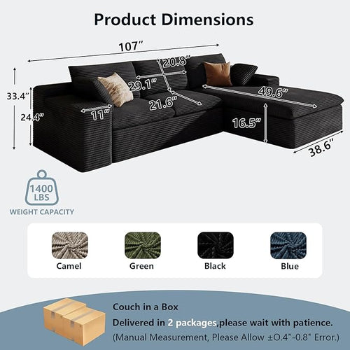 107" Cloud Sectional Couch with L-Shape Chaise, Modern Corduroy Viral Boneless Sofa for Living Room,Memory Foam Couches in a Box with Deep Seat,No Assembly Required (Black,Right-Facing Chaise)