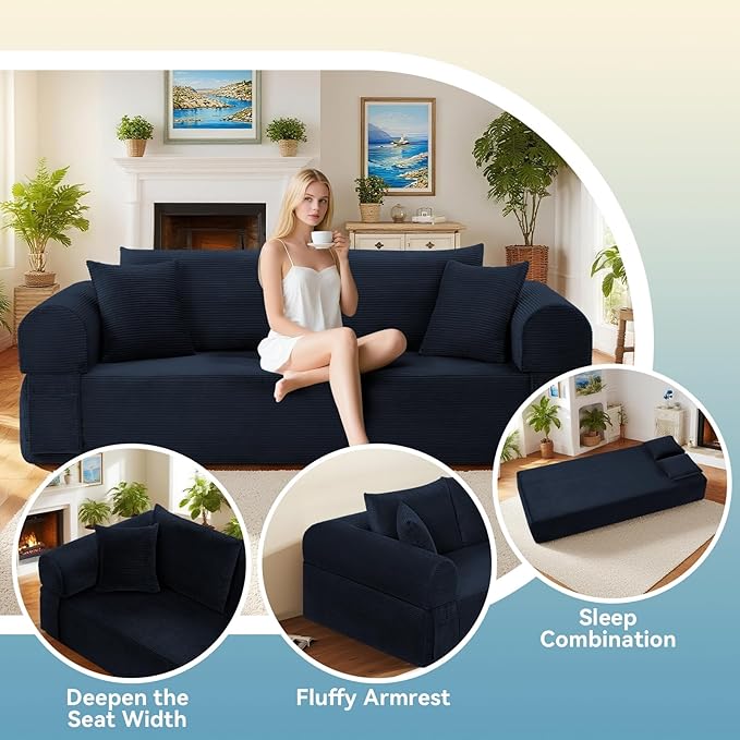 GJQ 83" 3 Seater Sofa Bed,Corduroy Sofa in a Box with 4 Pillows & Storage Pocket,Boneless Couch for Living Room,Convertible Couch Bed,No Assembly Required,Navy Blue