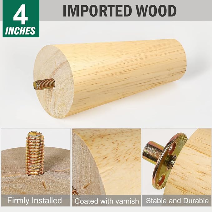 FoDau770 Rubber Wood Furniture Legs 4 Inches, Straight Tapered Wood Feet Mid Century Sofa Legs Set of 4, 5/16" UNC Furniture Feet Replacement Parts for Cabinet Couch Dresser Chair Ottoman Table