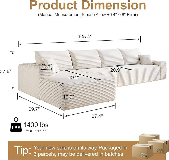 AUGOP 136" Sectional Couches for Living Room Modern Modular Sofa with L-Shape Couchs Upholstered Boneless Couch Deep Seat Sectional Couch with Chaise (White, Left Facing Chaise+3Seaters)