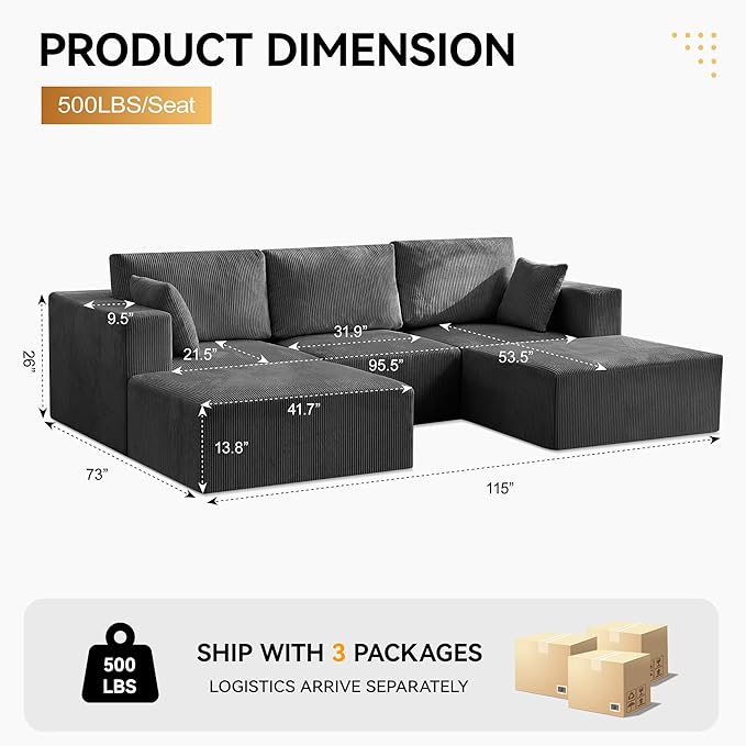 115'' U Shaped Boneless Sofa Couch, 3 Seater Modular Sectional Sofa with 2 Movealbe Ottoman, Corduroy Convertible Sleeper Couch with Chaise for Living Room, Grey