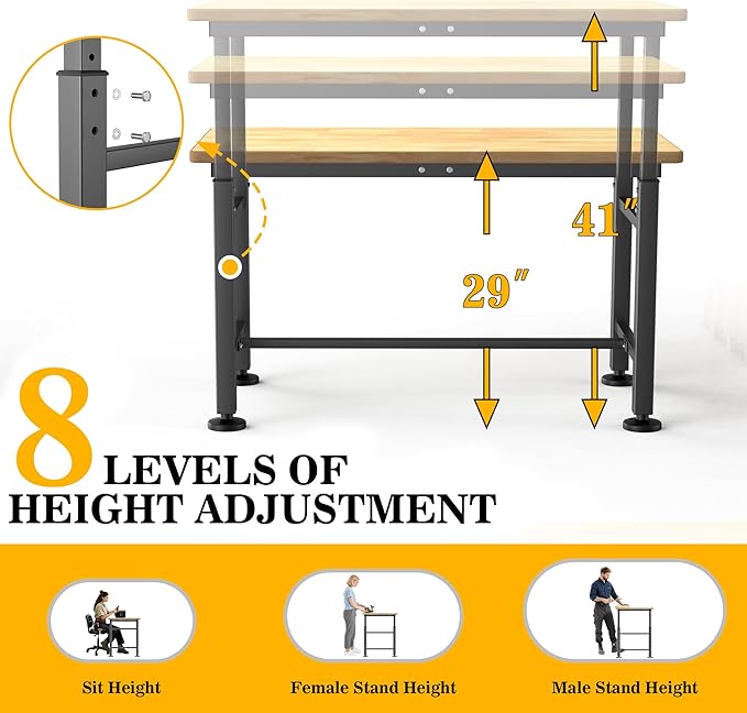 Ultrawall Workbench for Garage, 47.5" Adjustable Height Work Table, Heavy Duty Rubber Wood Workstation for Workshop, Office, Home, 2000 LBS Load Capacity