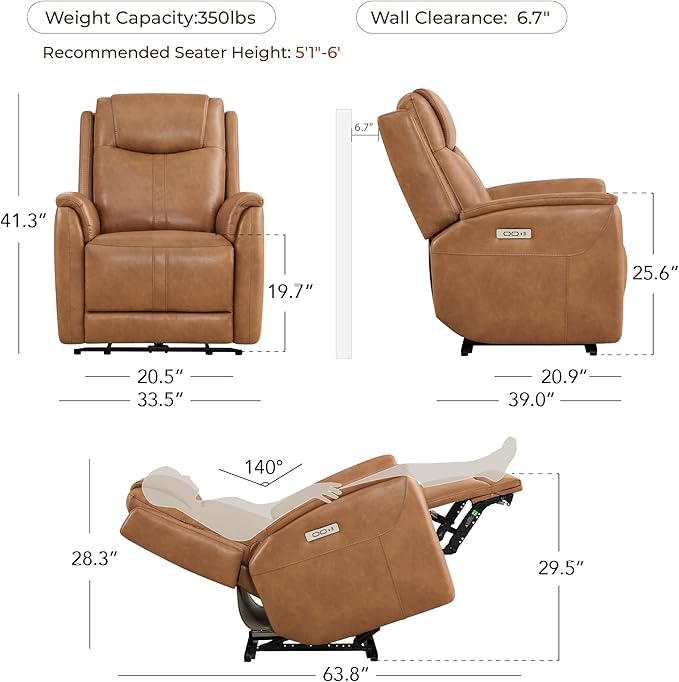 CHITA Power Recliner Chairs for Adults, Electric Leather Super Zero Gravity Recliner with USB & Type-C Charging Ports for Living Room, Bedroom & Home Theater Relaxation, Faux Leather in Camel