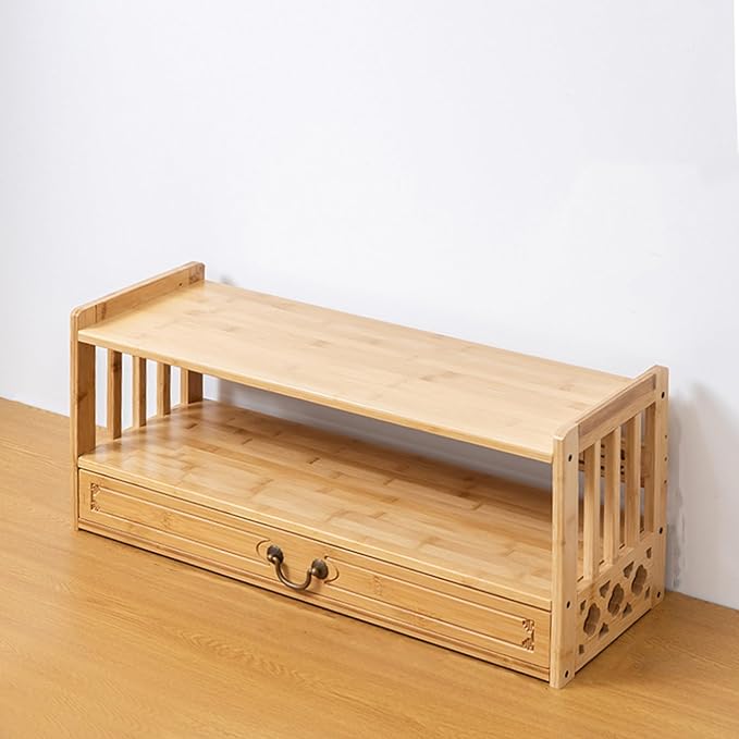Low 3-Tier Meditation Table with Drawer,Bamboo Altar Tables,Puja Desks,Tatami Desk,27.2”W,Wood Color