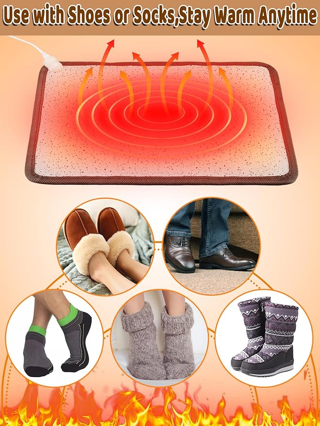 Heated Floor Mat - White Foot Warmer Under Desk, 15.7x19.7in Heated Feet Rest for Home Office Desk, Winter 110V Electric Heating Pad with 3 Timers & 10 Adjustable Temperature